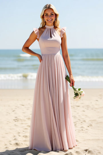 Halter A Line Candy Pink Bridesmaid Dress with Hollow Out